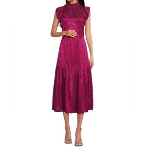 Steve Madden Anna Animal Print Satin Jacquard Mock Neck Midi Dress